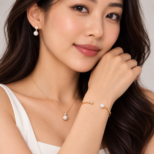 14k Yellow Gold Cultured White Freshwater Pearl and Natural Diamond Cuff Bracelet