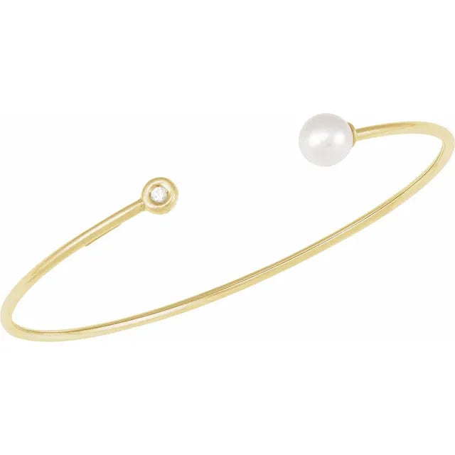 14k Yellow Gold Cultured White Freshwater Pearl and Natural Diamond Cuff Bracelet