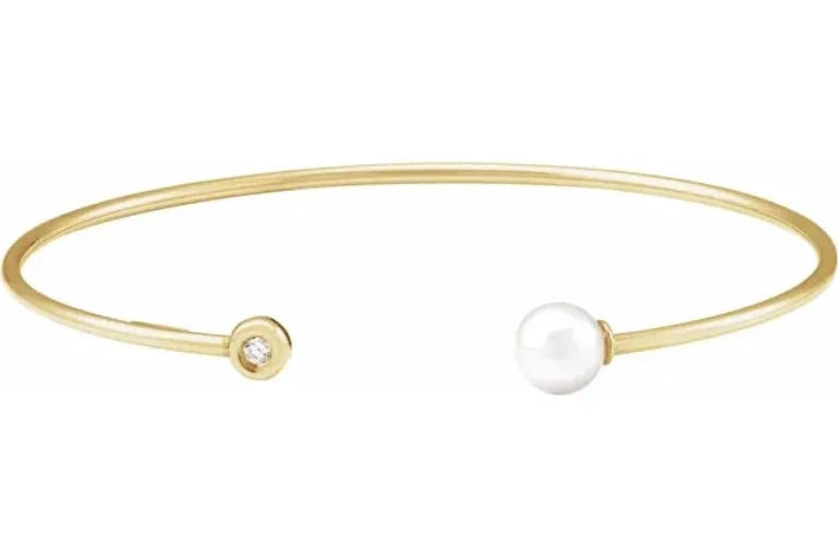 14k Yellow Gold Cultured White Freshwater Pearl and Natural Diamond Cuff Bracelet