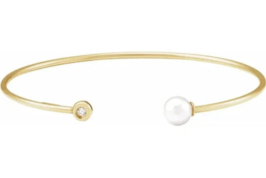 14k Yellow Gold Cultured White Freshwater Pearl and Natural Diamond Cuff Bracelet