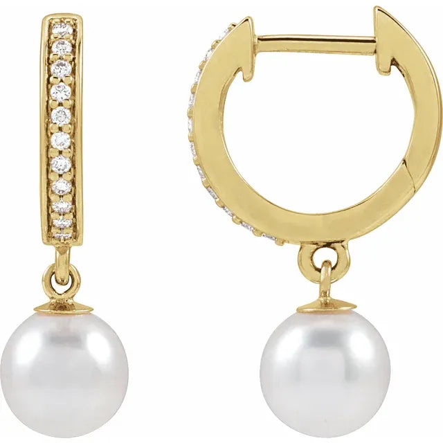 Cultured White Freshwater Pearl & Natural Diamond Hoops