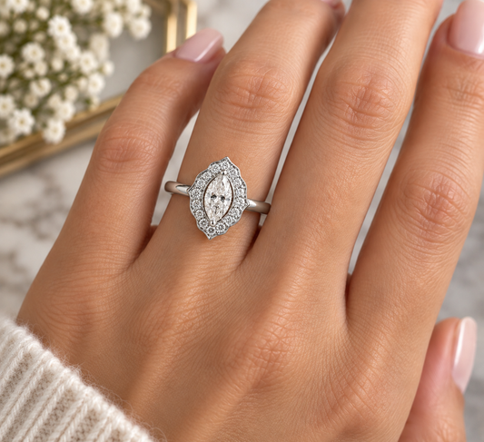 18k White Gold Vintage Style Marquise Ring with Halo