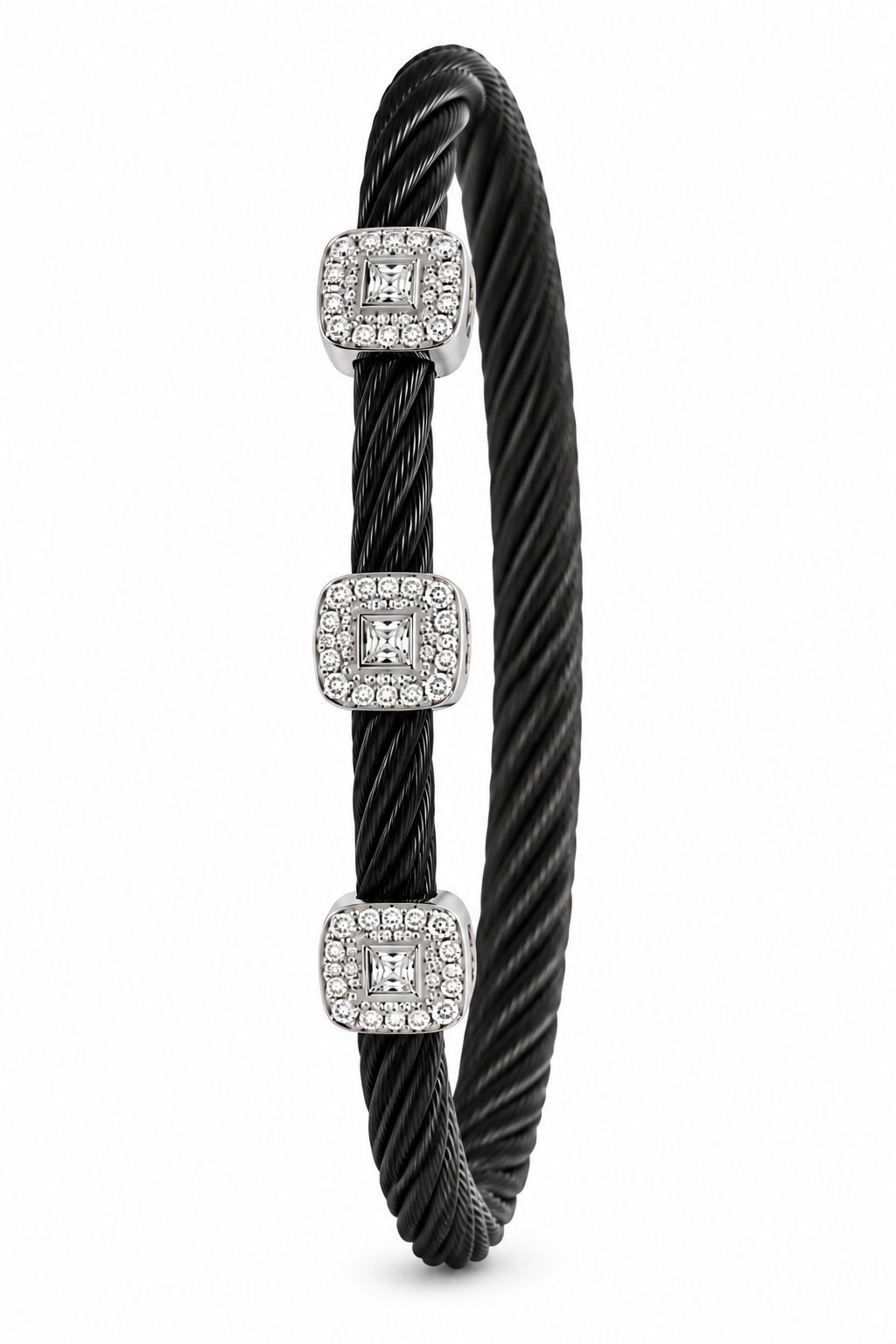 Black and Silver Cable Bracelet with Natural Diamond Stations