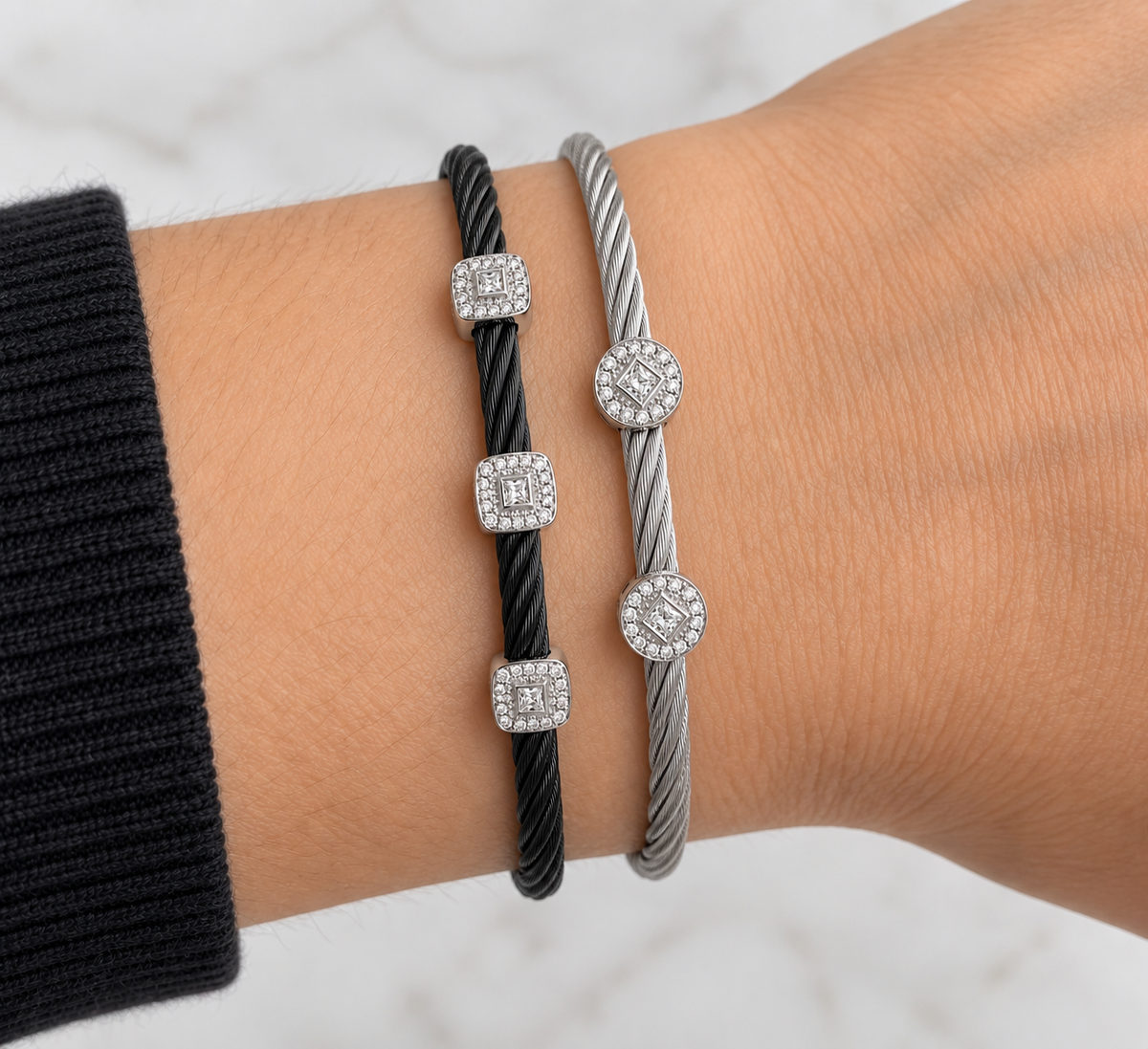 Black and Silver Cable Bracelet with Natural Diamond Stations