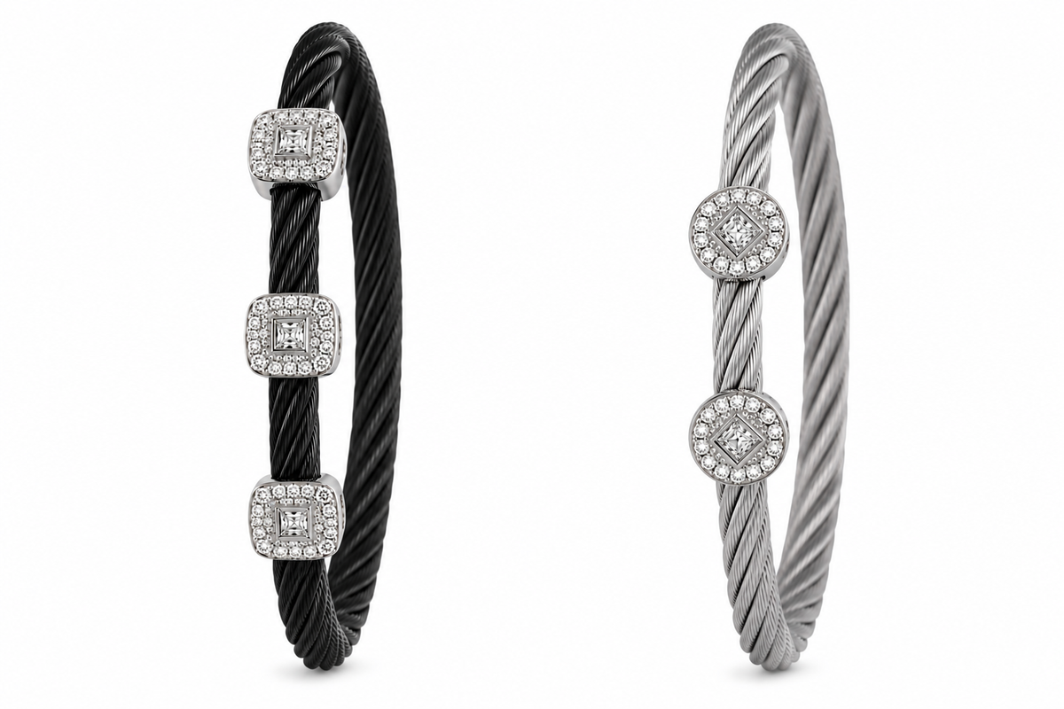 Black and Silver Cable Bracelet with Natural Diamond Stations