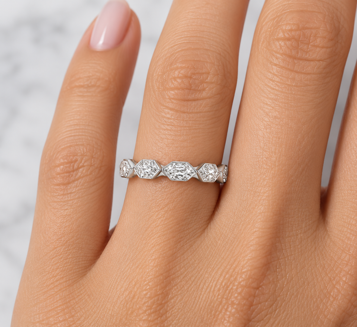 14k White Gold 3/4 carat Lab Grown Elongated Hexagon Diamond Band