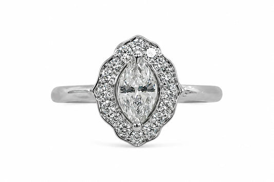 18k White Gold Vintage Style Marquise Ring with Halo