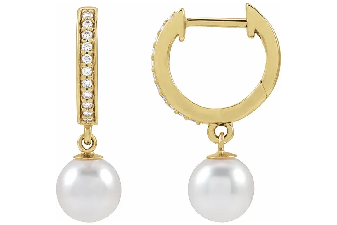 Cultured White Freshwater Pearl & Natural Diamond Hoops